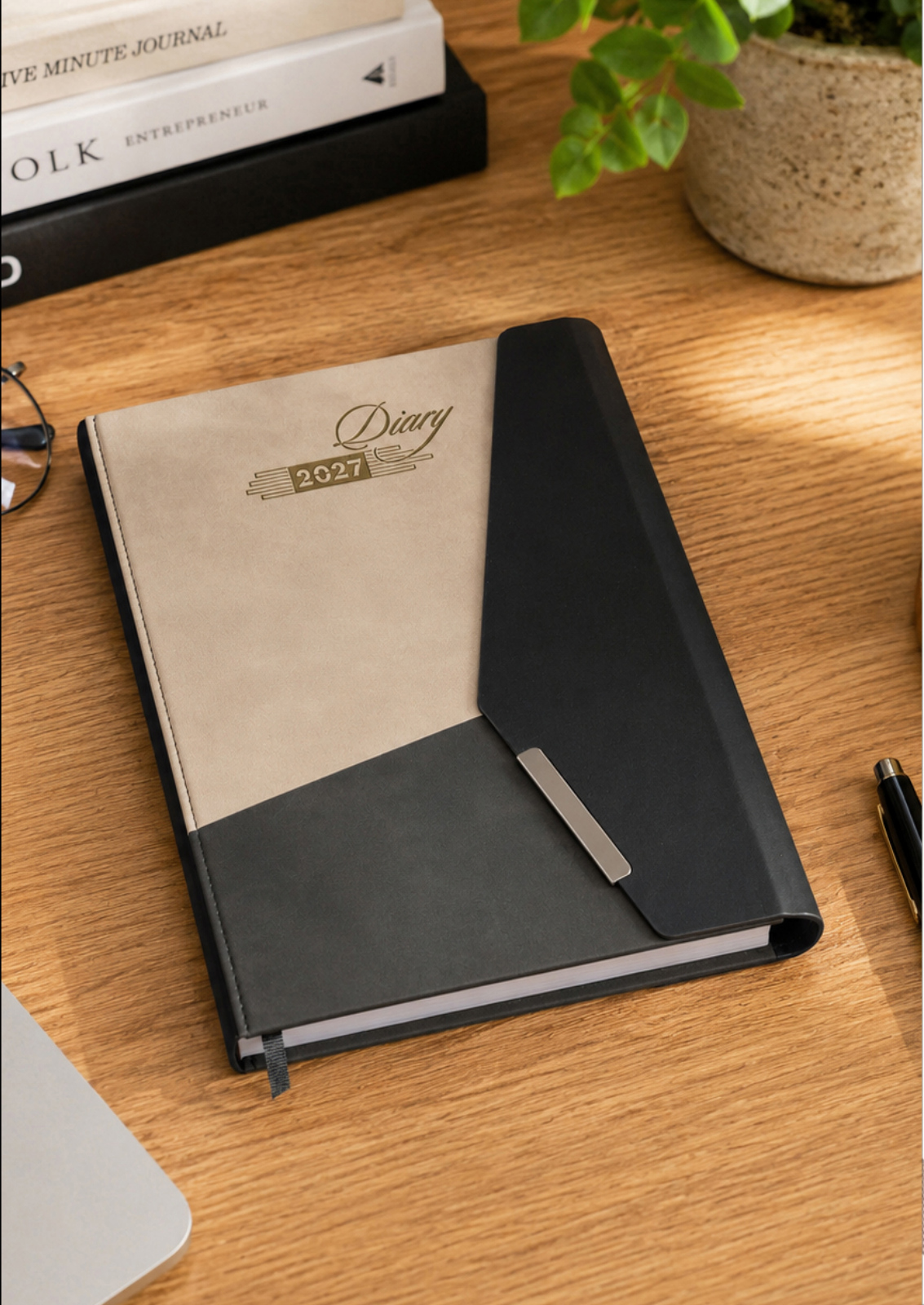 V-506 Sand Beige & Charcoal Tri-Tone Geometric Diary